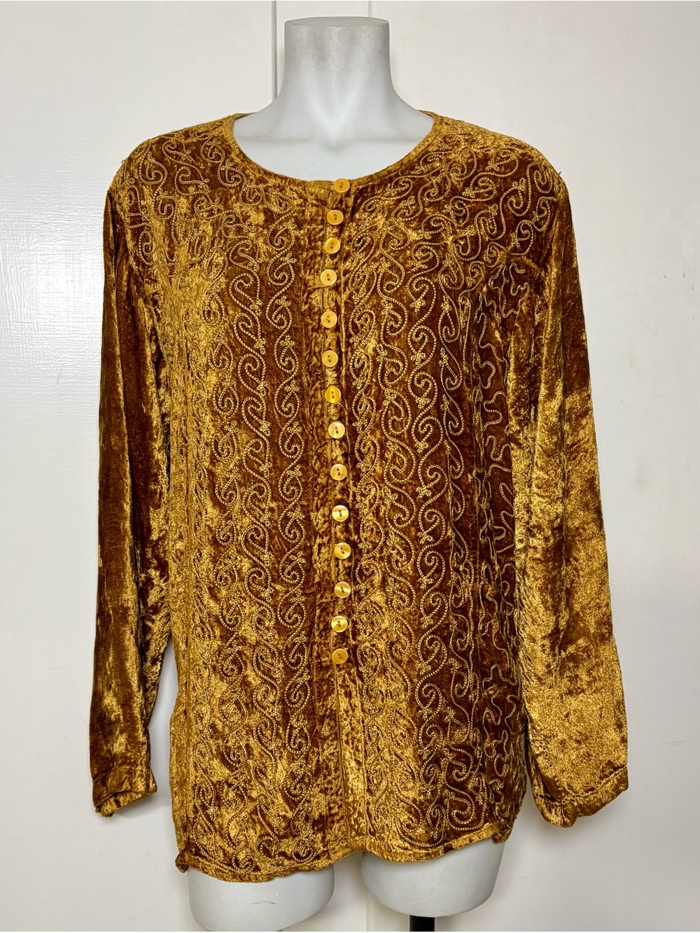 Vintage 90s Gold Velour Embroidered Button Up Whimsygoth Long Sleeve Blouse